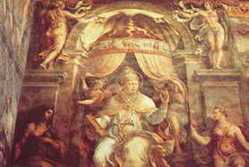 The Pope enthroned under a canopy of the Zodiak